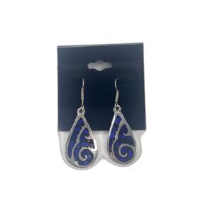 Vintage 925 Sterling Silver Mexico Black & Blue Inlay Teardrop Dangle Earrings
